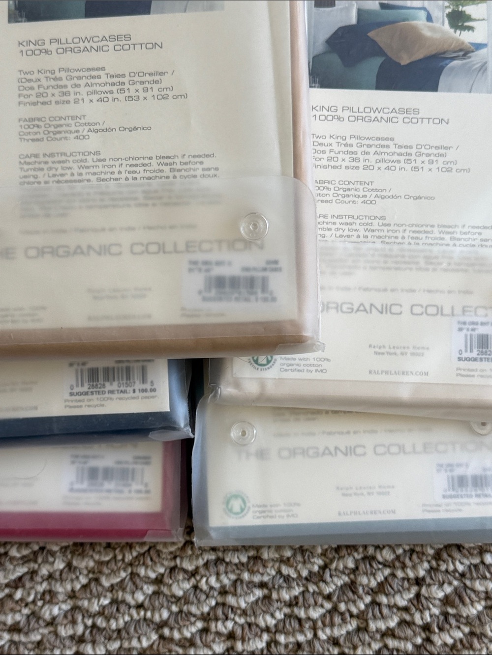 Ralph Lauren Spa Organic King Pillowcases 400 TC Blue Aqua ivory red pick one - Picture 3 of 10